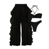 Dreiteilige Bademode aus einfarbigem Neckholder mit gepolsterter Netzhose zum Selbstbinden